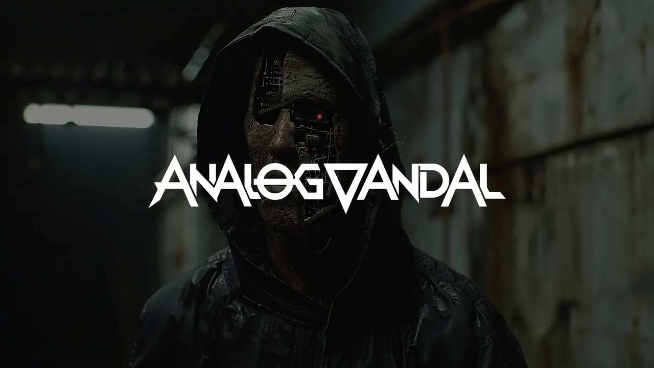 Analog Vandal: a hooded figure whose face is half torn open to circuitry, with a red eye, in a rusted corridor.